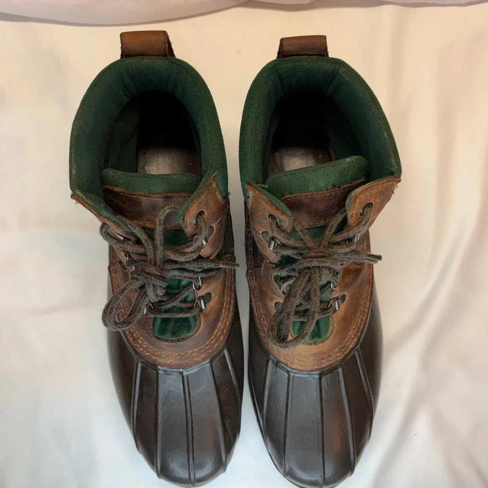 VTG LL Bean Duck Boots Mens 11‎ Leather Green Canvas Waterproof Rain Snow Boot